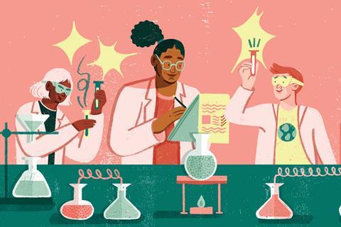 RSC illustration of students discussing practical chemistry