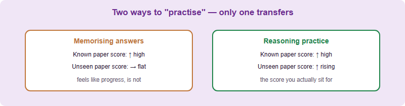 A contrast: memorising answers raises the score on a known paper but not on an unseen paper, while reasoning practice raises both