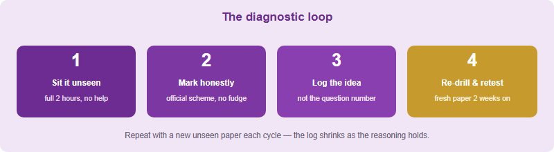 The four-step UKChO past-paper loop: sit unseen, mark honestly, log the failed idea, re-drill and retest after two weeks