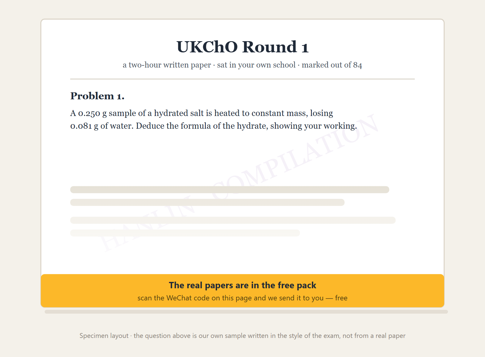 Specimen layout of a compiled UKChO Round 1 page: a two-hour written paper sat in your own school and marked out of 84, showing a sample question written in the style of the exam with later working fading out.
